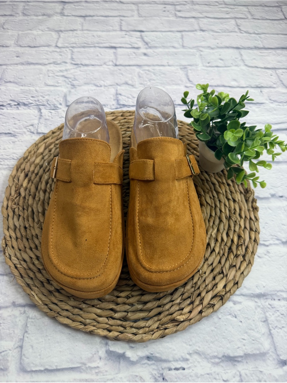 Suede Slip-On Mules in Golden Tan. Size 9.